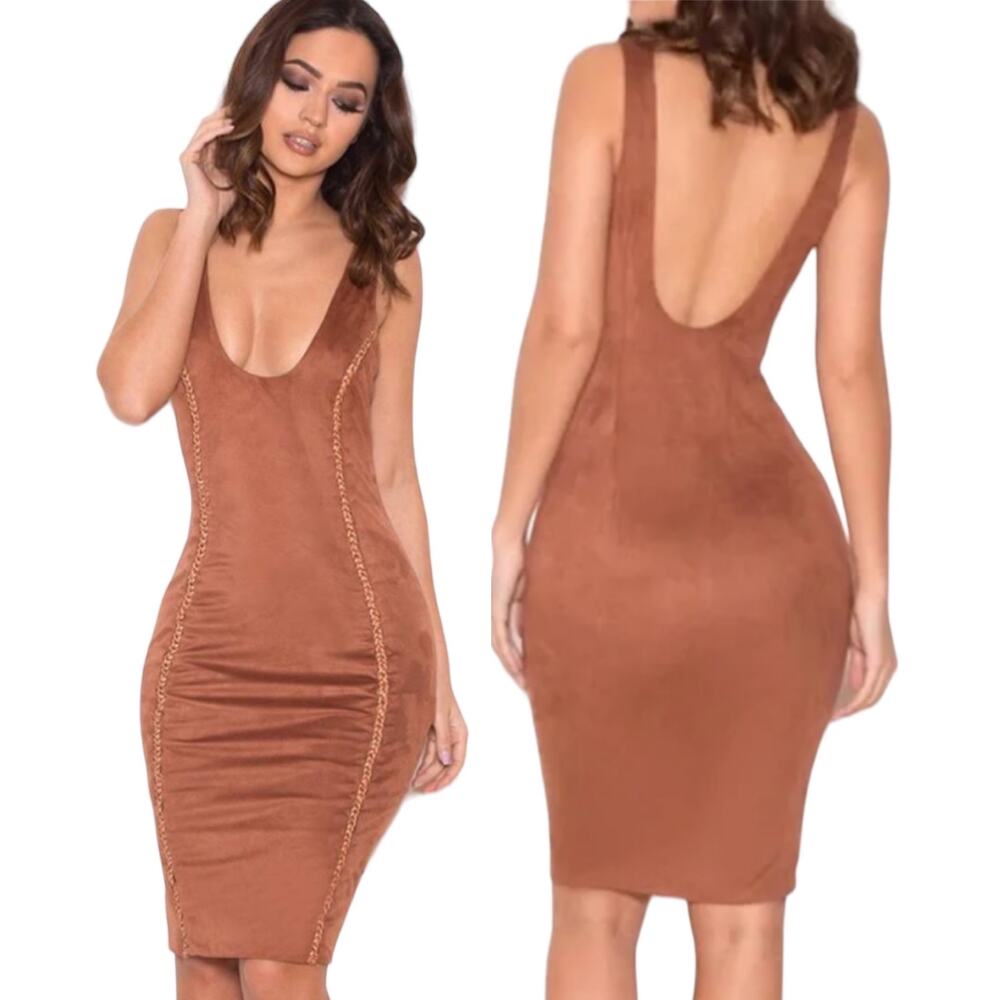 House of CB Alanis Bodycon Faux Suede Dress Fitted Brown Sexy NEW Womens XS